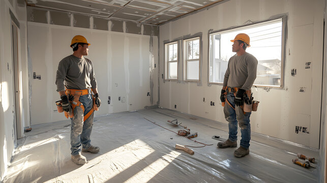 Two construction workers in hard hats and tool belts stand in a sunlit room, discussing drywall installation and renovation progress, with tools scattered on the floor