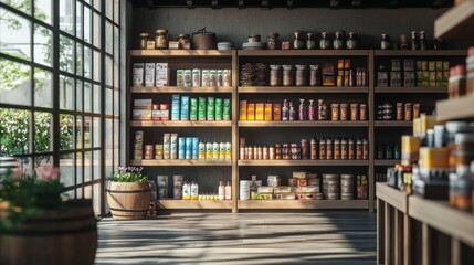 A modern grocery store interior with wooden shelves stocked with various products, showcasing sunlight streaming through a large window.