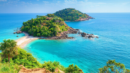 Fototapeta premium Lush tropical island surrounded by turquoise waters, featuring sandy beaches and vibrant greenery, creating serene and picturesque landscape
