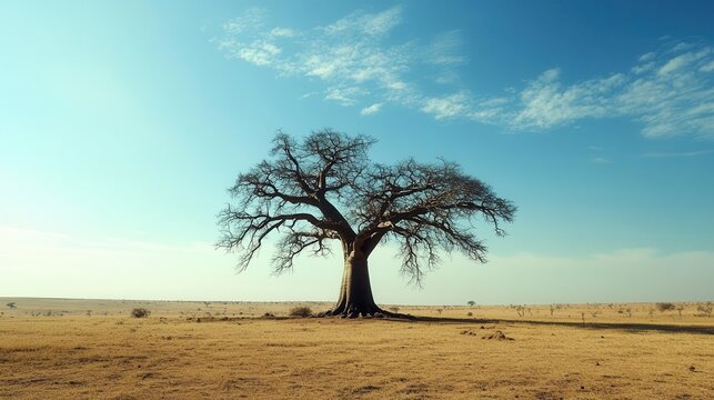 iconic baobab tree standing resolutely on a dry sandy savannah in africa, its unique silhouette contrasting with a vast blue sky, symbolizing endurance and the beauty of nature in arid landscapes