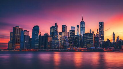 Obraz premium iconic skyline of new york city at sunset, skyscrapers silhouetted against a vibrant orange and purple sky, capturing the essence of urban life and architectural grandeur