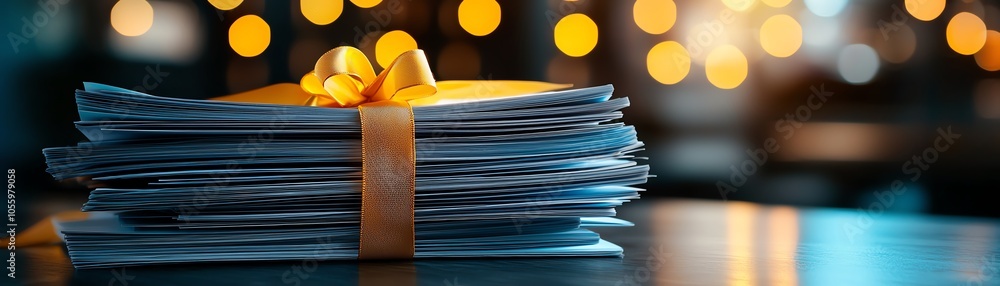 Poster stack of organized documents wrapped with a yellow ribbon, illuminated by soft bokeh lights in the b