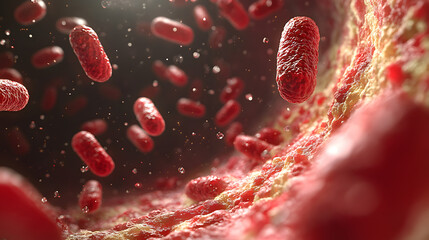 highly detailed 3D depiction of red bacteria-like organisms traveling through a bloodstream, surrounded by vibrant textures and illuminated with soft lighting.