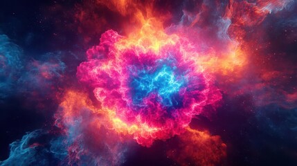 illustration features explosive neon smoke radiating outward from a vibrant center, creating a visually arresting effect that captures imagination and evokes mystery