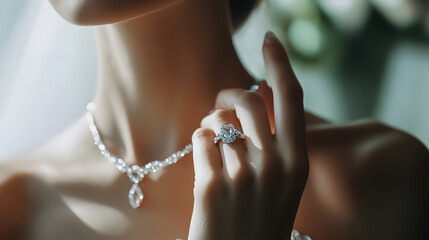 refined close-up of a woman highlighting a sparkling diamond necklace and ring, evoking luxury and sophistication in a soft-lit, elegant setting.