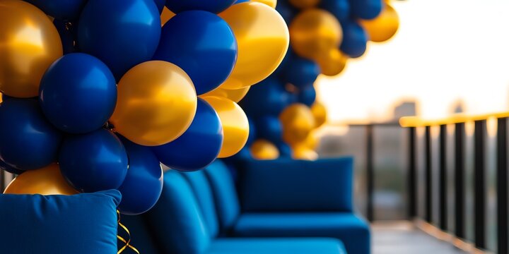 Vibrant blue and yellow balloons decorate a stylish balcony with comfortable seating, inviting a festive atmosphere.