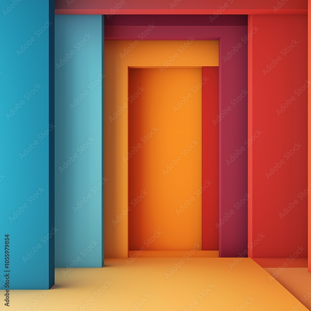 Poster vibrant geometric shapes in colorful layers creating a dynamic and modern aesthetic.