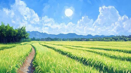 Obraz premium illustration of lush green rice fields stretching under a bright blue sky, depicting the beauty of agriculture and the serenity of rural landscapes