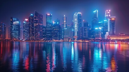 Obraz premium A panoramic view of a city skyline at night, with skyscrapers lit up in vibrant colors, reflecting in the water.