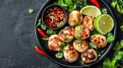 Grilled Meatballs with Spicy Sauce and Lime Wedges