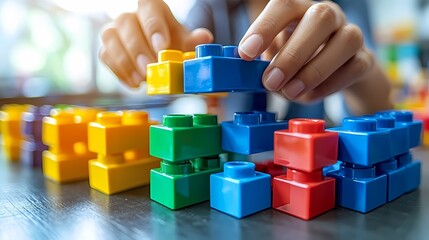 Innovative Businessperson Crafting Structures with Colorful Building Blocks for Future Conceptualization and Mind Mapping