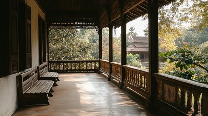 Open porch with Thai wooden railing, low seating, and a white background, capturing traditional simplicity.