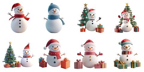Cartoon snowman png isolated object set transparent background for christmas purpose.