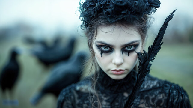 jeune fille d&eacute;guis&eacute;e en sorci&egrave;re d'Halloween avec corbeaux &agrave; l'arri&egrave;re