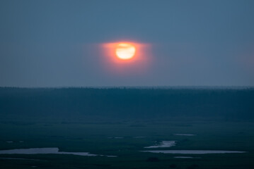 Sun rises on horizon, landscape in fog on the foreground. Morning rain, landscape of sun over the forest in mist