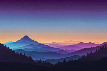 Flat Style Mountain Silhouettes in Gradient watercolor vector painting art illustration.
