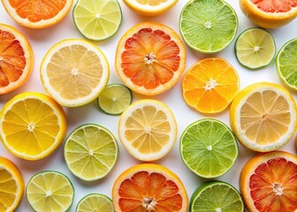 Fototapeta premium Vibrant Aerial Photography of Fresh Citrus Fruit Slices Including Lemon, Grapefruit, Lime, and Orange Isolated on White