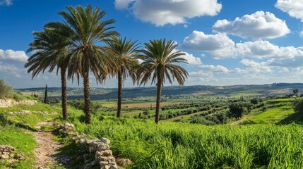 Fototapeta premium A picturesque view of a lush green valley with palm trees in the foreground, with a blue sky and white clouds.