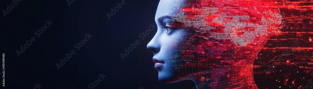 Poster a futuristic portrayal of a digital face merging with data streams, symbolizing the convergence of t