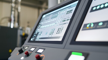 Fototapeta premium modern industrial control panel featuring multiple digital screens and control knobs in a high-tech manufacturing environment, showcasing automation and operational precision.