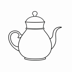 Fototapeta premium a black and white line drawing of a teapot. It is a kettle with a spout and a lid on top