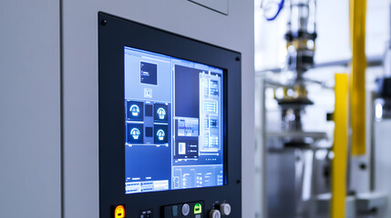 high-tech industrial control panel with a digital display, part of an advanced automated system in a manufacturing facility, highlighting precision and technological innovation.