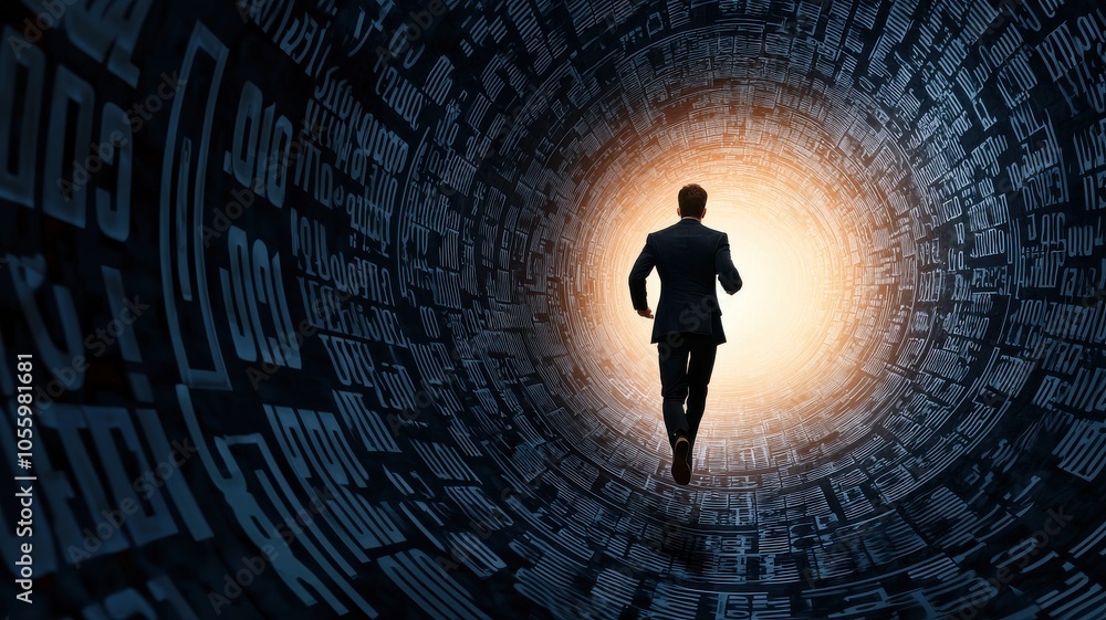 Poster a silhouette of a man in a suit running towards a bright light at the end of a dark tunnel filled wi