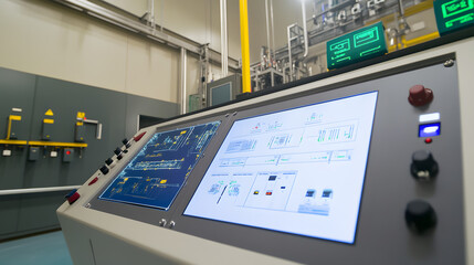 Fototapeta premium Detailed view of a modern control console in an industrial environment, displaying an illuminated interface and control systems for automated processes.