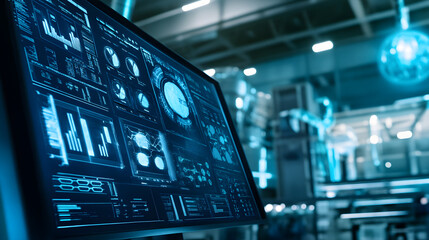Obraz premium digital analytics screen showing complex industrial data in a futuristic factory setting, highlighting innovation and modern technology in automation and monitoring.