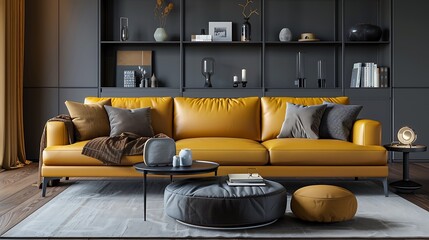 Modern Interior of Stylish Living Room ,Wall Mock Up, Frame , Poster with Beautiful Background, 3d render