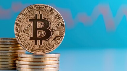 A golden Bitcoin rests atop a stack of coins, set against a blue background with fluctuating financial graphs, symbolizing cryptocurrency investment.