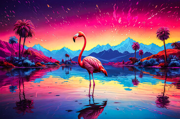 Flamingo in a Neon Fantasy Land watercolor vector painting art illustration. 
