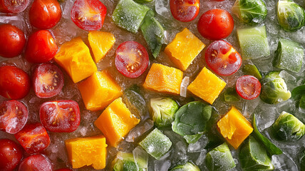 Brightly colored chunks of pumpkin, zucchini, spinach, tomatoes, and Brussels sprouts are frozen in sparkling ice, creating an appealing and vibrant texture.