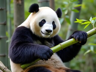 Obraz premium Adult panda holding a green bamboo