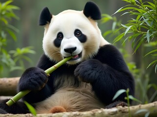 Obraz premium Adult panda eating a green bamboo