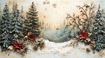 Holiday card with soft paper textures and metallic highlights creating an inviting and cozy holiday look