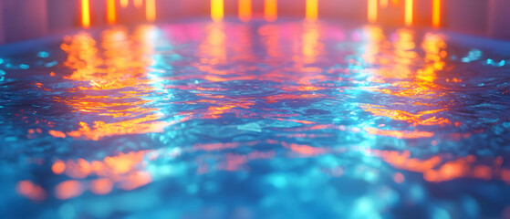 Vibrant water reflections with colored lighting creating a serene atmosphere in a modern space.