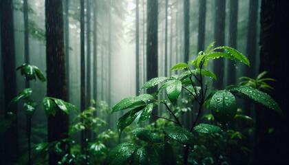 Obraz premium Close-up shot of green leaves on trees with rain droplets background of tall trees in a dense forest.