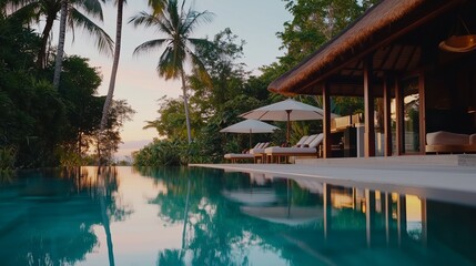 Tranquil poolside retreat at a tropical villa surrounded by lush greenery during sunset in an idyllic tropical location