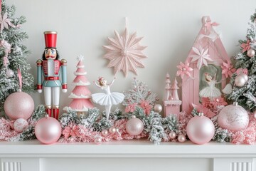 ballet core Christmas mantel with nutcracker figurines, ballerina ornaments, and pink garlands, minimal background with copy space
