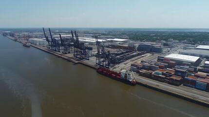 Wide-angle aerial view of a commercial shipping port with cranes, cargo containers, and docked vessels, emphasizing global trade and logistics infrastructure.