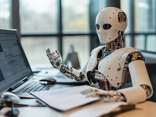 uturistic Robot Engaging with Technology in Modern Office