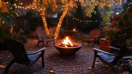inviting autumn patio scene with cozy chairs gathered around a flickering fire pit, surrounded by glowing fairy lights, creating an intimate setting for late-night gatherings