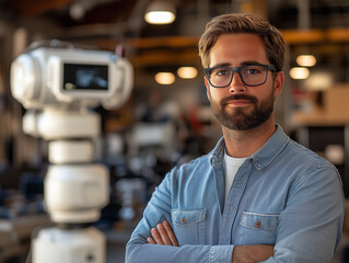 Confident Engineer Standing Next to Advanced Robotics Equipment