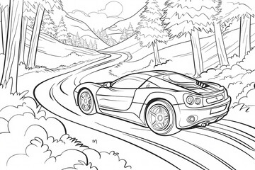 A detailed line art illustration of a sports car racing along a winding road surrounded by trees and mountains.