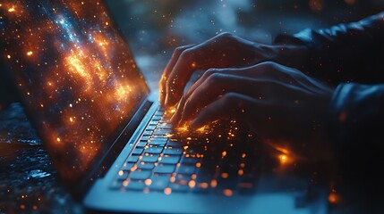 Close-up of hands typing on a laptop with a sparkling galaxy on the screen.