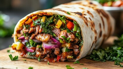 irresistible shawarma sandwich, lavishly filled with vibrant vegetables and succulent meats, captured in a dynamic cut-out style, evoking hunger and culinary delight