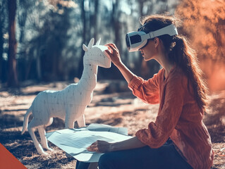 Woman in Virtual Reality Headset Interacting with Digital Sculpture