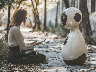 Woman Interacting With Futuristic Robot in Park Setting