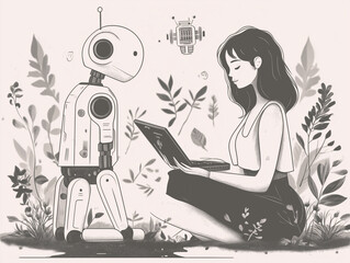 Young Woman Interacting with Robot in Tranquil Nature Setting